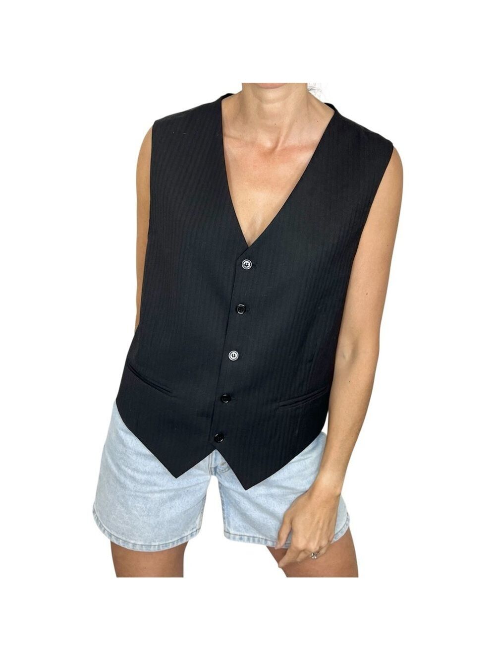 Boxy black pin stripe tailored menswear vest waist coat M